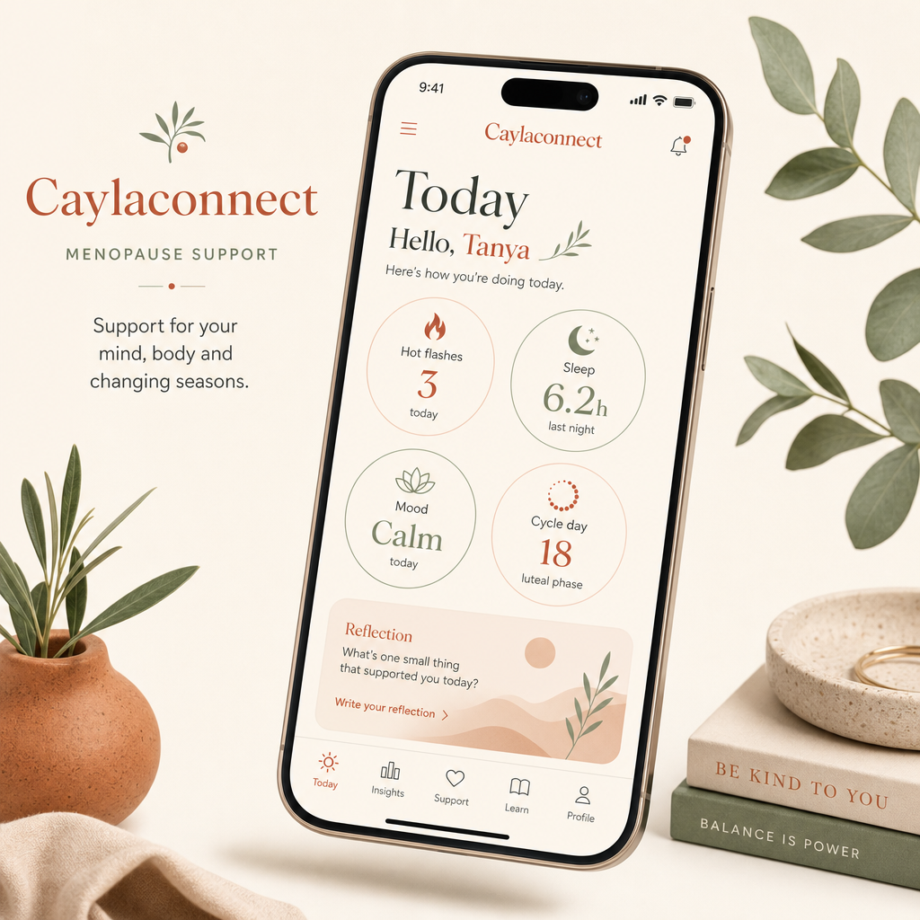 Caylaconnect Today screen showing daily symptoms and a reflection